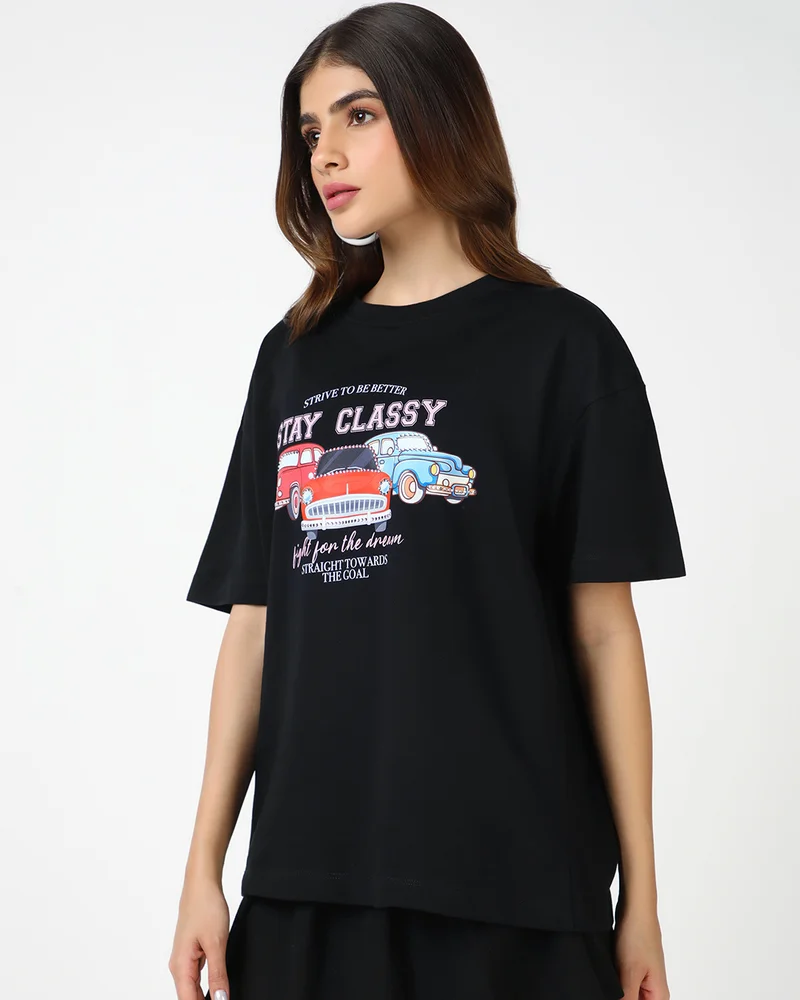 بيواكوف Women's Black Stay Classy Graphic Printed Oversized T-shirt